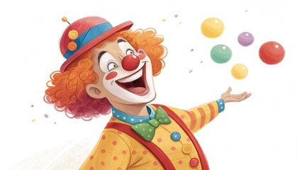  Happy Cartoon Clown Juggling Colorful Balls on White Background