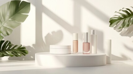 Skincare products on white podium with tropical leaves and sunlight.