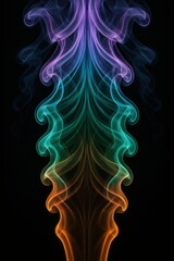 Colorful layered smoke plume in abstract symmetrical form with vibrant flowing lines on black background

