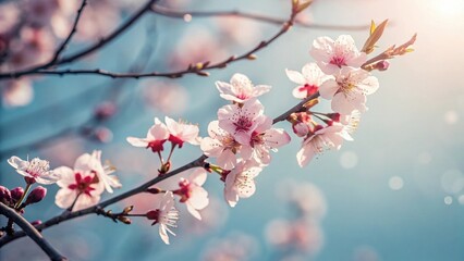 Delicate Cherry Blossoms Blooming Against Blue Sky in Spring Sunlight