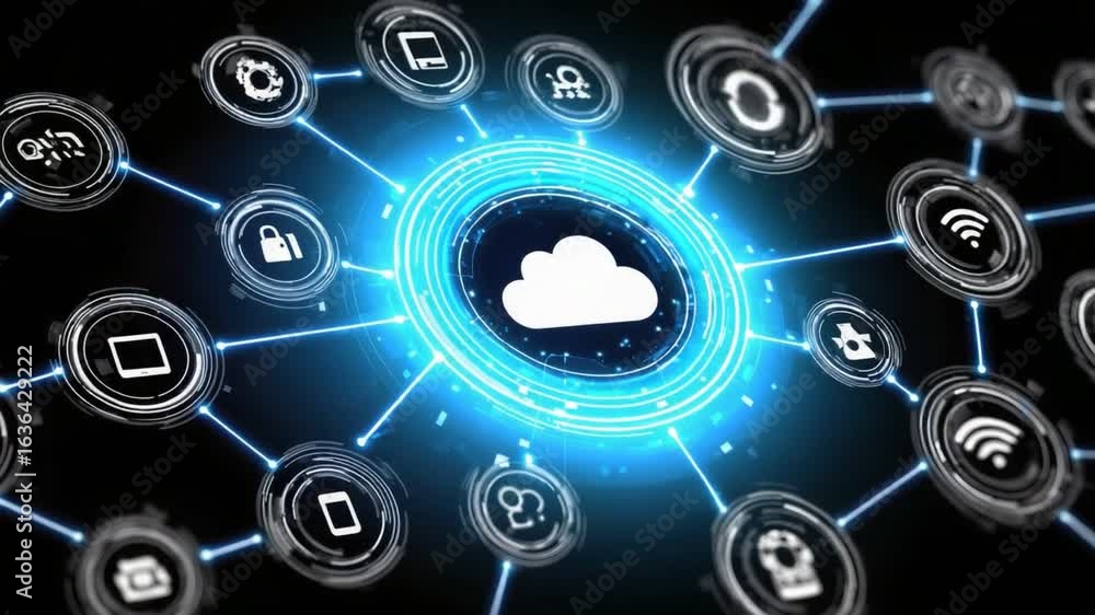 Poster futuristic cloud computing network with interconnected digital icons and blue lighting.