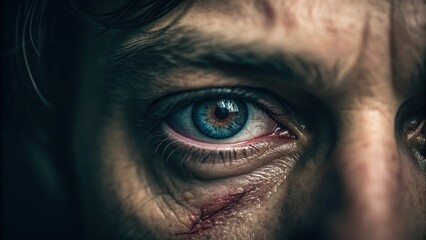 Intense and Dramatic Closeup of a Man's Blue Eye with a Stitched Scar