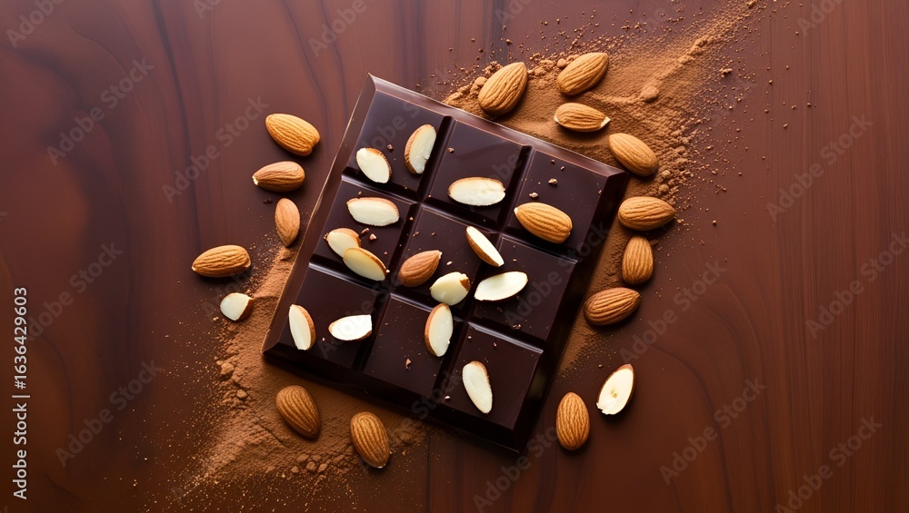Poster dark chocolate with almonds, surrounded by fine cocoa powder on a textured surface.