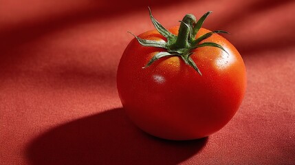 Top View of a Fresh Juicy Red Tomato with Water Droplets on Red Fabric Surface under Natural Light
