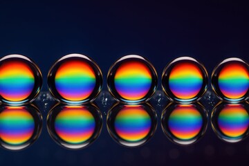 Macro image of water droplets with vivid rainbow refraction and colorful reflections on a dark background

