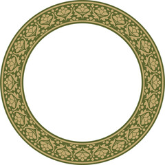 Vector gold with green round national Indian ornament. Circle, ring, border, ethnic Hindu frame.
