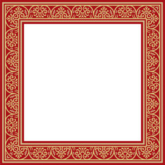 Vector square gold with red border, frame, Pompeii. Rectangle Neopolitan ornament. Art of Ancient Rome. Template for stained glass
