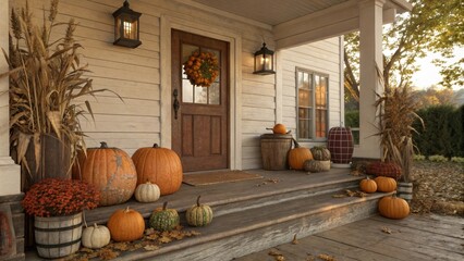 Cozy Farmhouse Porch Decorated for Autumn with Pumpkins and a Wreath