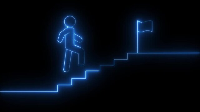 Neon Person Climbing Stairs Towards Success flag animation blue color, goal achiever Success icon. Success icon animation with neon shine on black background. Animation of victory, success, goal.