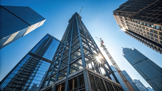 Low-Angle View of a Skyscraper Under Construction with a Crane Against a Sunny Sky