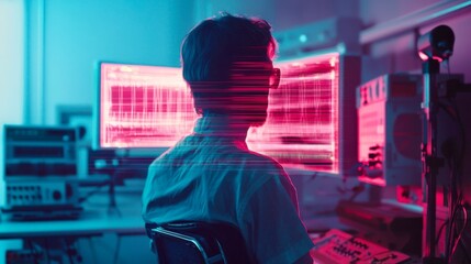Man in futuristic lab with glitch effect on face, analyzing digital waveform on neon screens, concept of artificial intelligence and data overload.