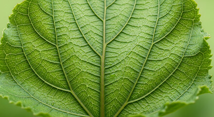 Obraz premium A mesmerizing macro photograph captures the intricate details of a vibrant green leaf, highlighting the delicate network of veins and the rich texture of its surface.