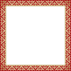 Vector gold with red square Kazakh national ornament. Ethnic pattern of the peoples of the Great Steppe,
