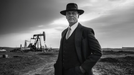 Dramatic black and white photograph of confident man in suit and hat standing in oil field, with oil rigs in background. image conveys sense of power and determination