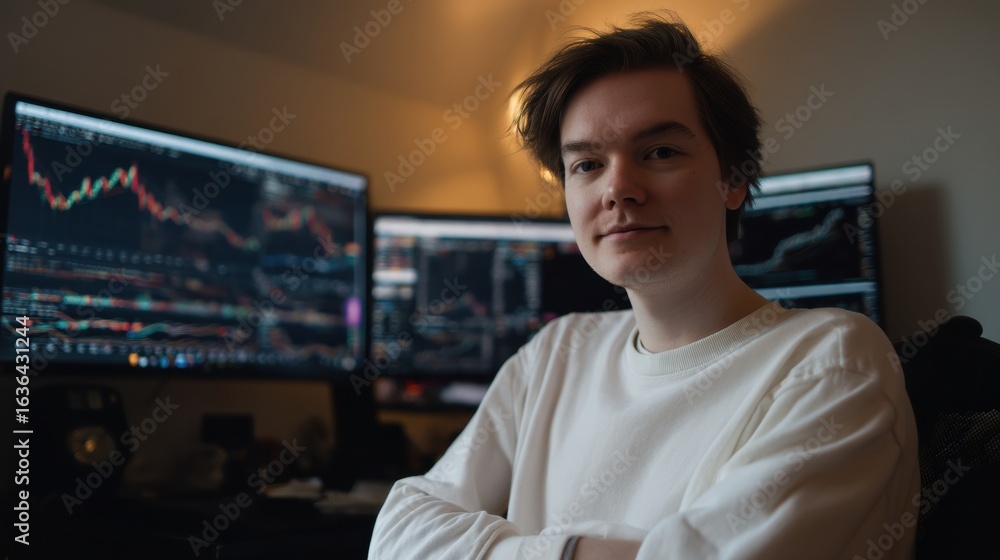 Poster young individual sits confidently front of multiple computer screens displaying financial charts and