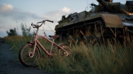 Poignant shot of small rusty bicycle in field, surrounded by tall grass and abandoned military tank in background, evoking sense of nostalgia and loss