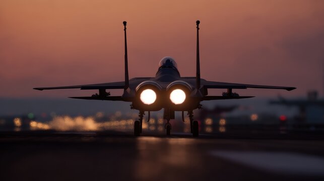 Photorealistic image of fighter jet on runway at sunset, showcasing its powerful engines and sleek design. warm colors of sky create dramatic backdrop, enhancing majestic presence of aircraft - Powered by Adobe