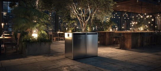 Fototapeta premium Modern refrigerator in a lush indoor setting with plants and lighting
