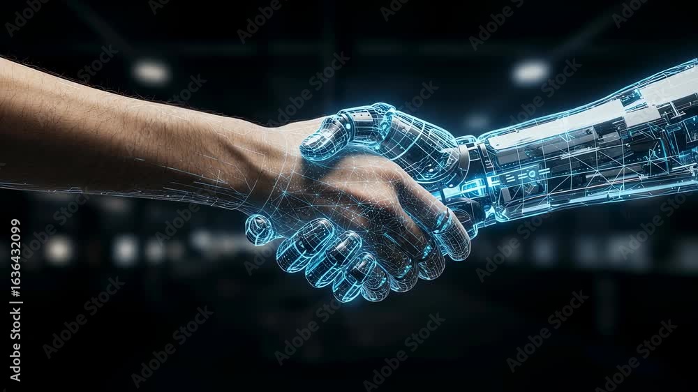 Poster man and robot hand shaking with wireframe effect. concept of artificial intelligence and human coope