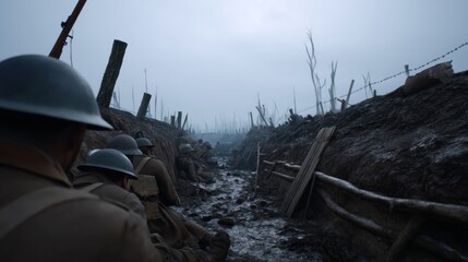 Wide shot of World War I trench, showcasing soldiers in uniforms, muddy terrain, and barbed wire under gloomy sky. atmosphere conveys tension and historical significance