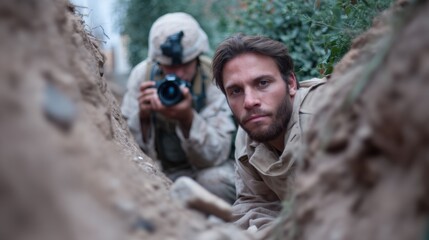War photographer capturing image under gunfire focused soldier in trench intense atmosphere military environment action scene high fidelity documentary style combat zone bravery tension