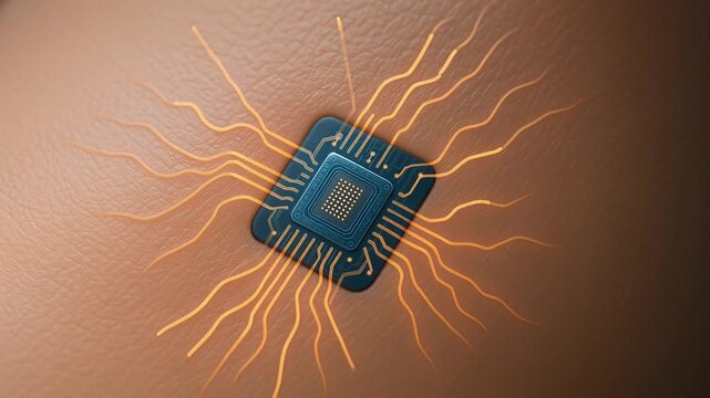 Microchip implant embedded under skin with glowing circuit lines, futuristic electronic technology concept showing advanced human enhancement and health monitoring close up