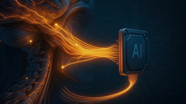 Artificial intelligence chip connected to brain with glowing neural network and digital connection, futuristic technology concept showing advanced neural network and digital chip interface