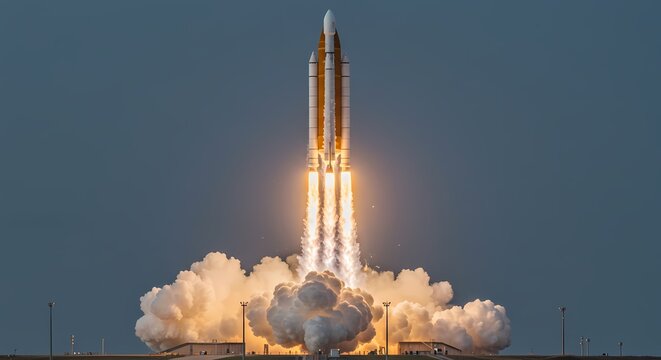 Rocket Launch with Bright Flames and Smoke Plume