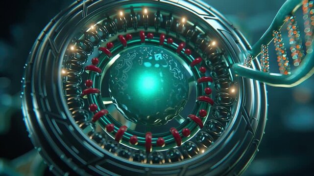DNA strand glowing particles futuristic circular mechanism advanced technology genetic research molecular science vibrant blue green environment biotechnology innovation digital sphere intricate