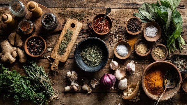 Spices herbs and ingredients arranged on rustic wooden table