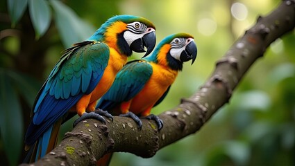 Two macaws perched on a branch in a lush forest.
