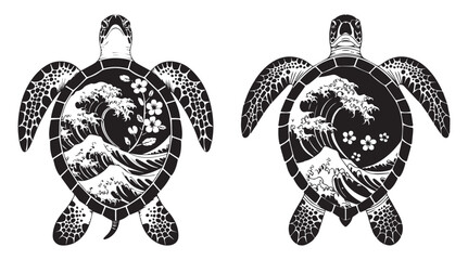Fototapeta premium Sea Turtle Set – Black and White Ocean Animal Vector Illustration,Isolated White Background
