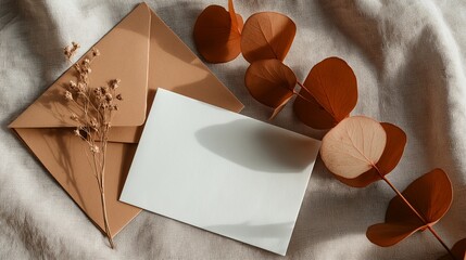 Warm autumn details: cinnamon, flowers, tea, candles, and a greeting card as the centerpiece