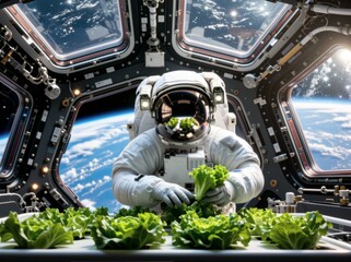 Astronaut Cultivating Fresh Vegetables in Space Environment