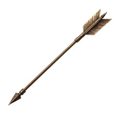 Bronze medieval arrow with fletching and arrowhead, archery weapon for hunting and historical reenactment, fantasy game asset on transparent background