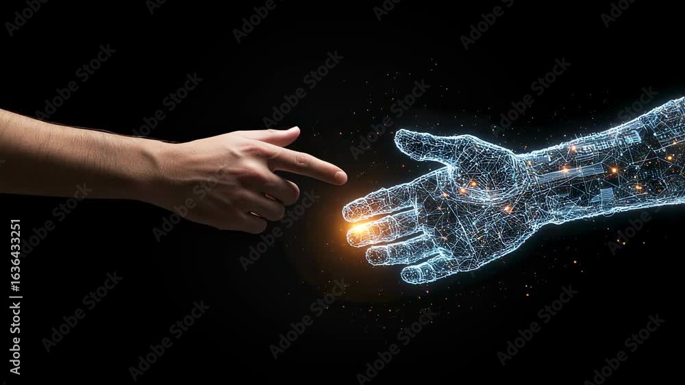 Poster man's hand touching digital robot hand connection. ai and human interaction, artificial intelligence