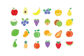 Fruit icon set. Colorful flat vector illustration collection with simple outline style. Healthy food symbols.