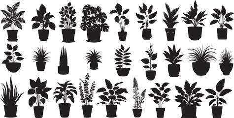 Potted plant silhouette vector set, indoor houseplants collection, perfect for gardening design, botanical home decor, foliage illustrations,