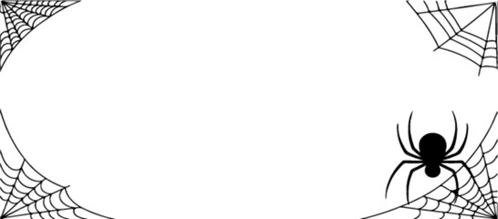 Halloween spider web frame border with black spider, spooky creepy decoration background design illustration