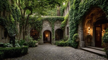 Obraz premium Stone courtyard with arches and lush greenery