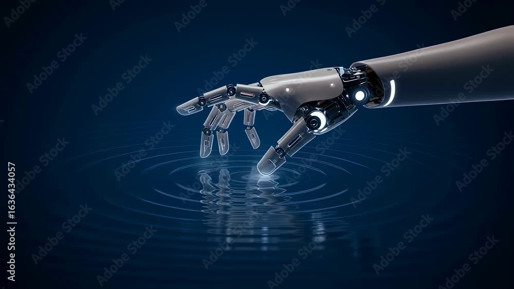 Poster robotic hand touching water surface creating ripples. artificial intelligence and advanced technolog