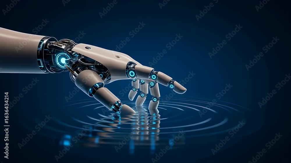 Poster robotic hand touching water with glowing lights. artificial intelligence concept of connection and i