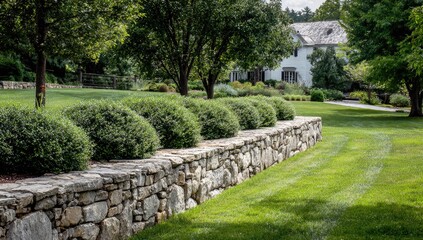 Fototapeta premium Stone wall landscaping with manicured lawn and house background