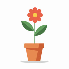 Simple flat design illustration of a red flower in a terracotta pot, isolated on a white background, representing nature, growth, and home decor.