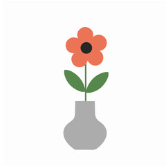 Stylized Minimalist Coral Flower Illustration in a Grey Vase