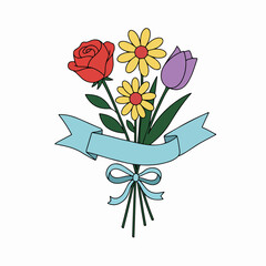 Vibrant illustration of a mixed flower bouquet featuring a red rose, yellow daisies, and a purple tulip, tied with a decorative blue ribbon.