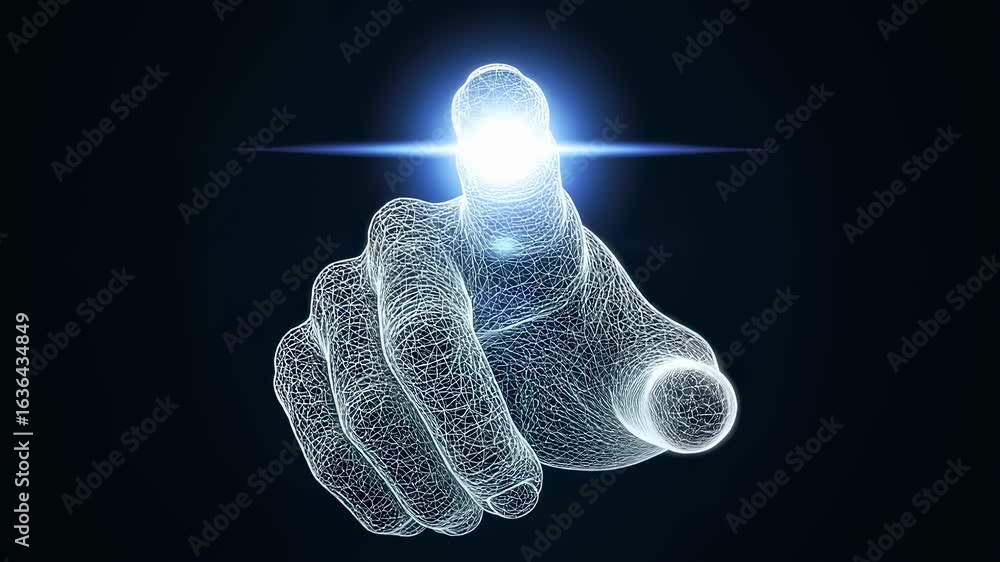Poster digital wireframe hand with glowing fingertip touching screen. virtual interface innovation technolo