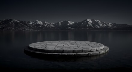Circular stone platform floating on a calm lake under a dark sky with snow-capped mountains in the background