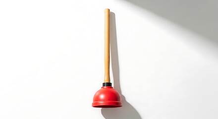 A red plunger with a wooden handle is centered on a white background with a shadow on the right side