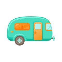 Cute cartoon teal travel trailer with orange accents isolated on transparent background